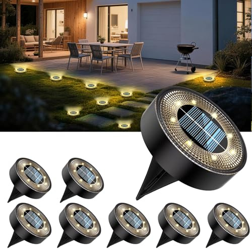 8 Stück Solar Bodenleuchten Aussen,IP68 Wasserdichte Solarlampen mit 8 LEDs | für Solarleuchten im Außen- und Gartenbereich, für Rasen, Auffahrt, Gehweg, Terrasse & Patio, Warmweiß (Kunststof)