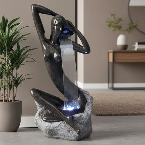 Fontana a design con illuminazione a LED, fontana da interni, 101 cm, aspetto granito, fontana da giardino, scultura, fontana con gioco d'acqua, figura da giardino