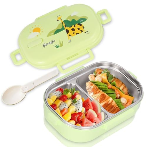 Tomotato Fiambrera de Acero Inoxidable, 650 ml Lonchera a Prueba de Fugas de Portátil Fiambrera de Dividida con 2 Compartimentos para Oficina, Escuela, Picnic (Verde)