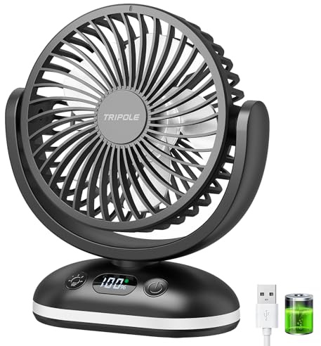 TriPole 4000mAh Tischventilator Akku, 31H Laufzeit, Mini Ventilator mit LED Display, 4 Stufen USB Lüfter Leise, Ventilator Klein Tragbar, Verstellbar für Büro, Schlafzimmer, Camping, Schwarz