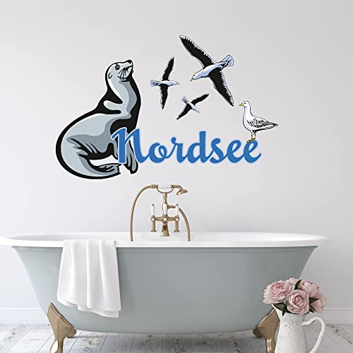 GRAZDesign Wandtattoo Nordsee Robbe mit Möwen | Wandsticker Badezimmer | Wandaufkleber selbstklebend | Wand Deko als Klebefolie | Fototapete XXL 3D - 46x30cm