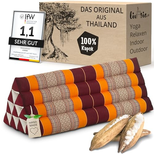livasia Rückenstützkissen breit für Paare - 33x80x30cm - Dreieckskissen für Garten und Balkon, Keilkissen mit Kapok, handgefertigt, Meditationskissen (Orange)