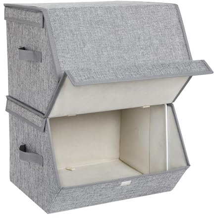SONGMICS Set of 2 Storage Boxes with Lid, Stackable Folding Fabric Boxes, Metal Frame and Side Handles, for Accessories, Toys, Clothing, Grey RLB02GY