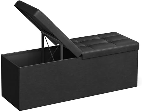 SONGMICS MAZIE Collection - 43 Inches Storage Ottoman Bench with Flipping Lid, Storage Chest with Iron Frame Support, Load 660 lb, for Living Room, Bedroom, Synthetic Leather, Black ULSF75BK