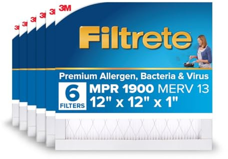 Filtrete 12x12x1 AC Furnace Air Filter, MERV 13, MPR 1900, Premium Allergen, Bacteria & Virus Filter, 3-Month Pleated 1-Inch Electrostatic Air Cleaning Filter, 6-Pack (Actual Size 11.81x11.81x0.78 in)