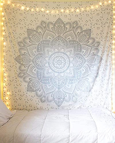 raajsee Indisch Psychedelic Wandteppich Mandala Silber Grau Passion/Indien Queen Wandbehang Elefant Boho Baumwolle Hippie Wandtuch/Meditation Yoga Mats(Graues Silber Passion, 210 x 220 cms Queen)