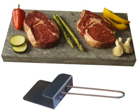 Pietra vulcanica per arrostire carne 20 x 30 x 3 cm con sollevatore di pietre per ristoranti e particolari- Piastra in pietra vulcanica per carne - Griglia per cucinare carne alla pietra
