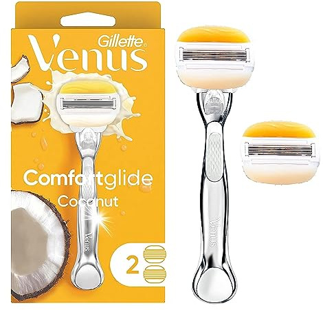 Gillette Venus Comfortglide with Olay Coconut Womens Razor Handle + Blade Refills, Silver, 2 Count
