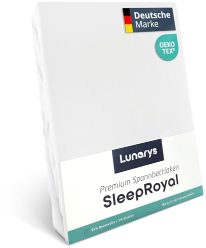 Lunarys® SleepRoyal Luxus Spannbettlaken 120x200cm - Weiß - 250 g/m² Premium Bettlaken - 40 cm Steghöhe - für hohe Matratzen, Boxspringbett & Matratze + Topper & Wasserbett - Stretch Jersey