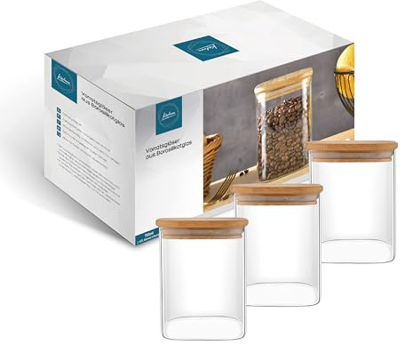 Kadum Lot de 3 bocaux de conservation carrés de 750 ml avec couvercle en bambou | Boîtes de conservation carrées hermétiques en verre | Stockage des pâtes, des pâtes, de la farine | Grands pots à