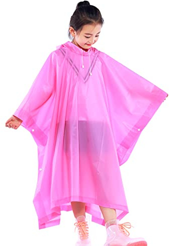 Kids Waterproof Rain Poncho, Reusable EVA Kids Raincoat with Hood and Buttons for Girls Boys, Lightweight Clear Rainwear Children Rain Cape for School Outdoor Hiking Cycling Camping Travel (Rose Red)