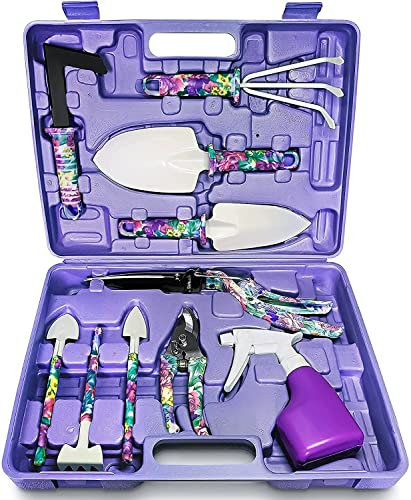 KAHEIGN 10Pcs Gartengeräte Set, Gartenwerkzeug mit Box, Ergonomisch Anti-Rutsch-Griff, Robust Rostfrei Schaufel Gartenschere, Rechen, Wassersprüher, Gartengeschenke Set für Damen und Herren
