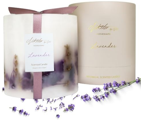 NIKITA Luxury Lavender or Rose Pillar Candle - Large Floral Scented Aromatherapy - Soy Candles for Women - Housewarming Gift (Lavender)