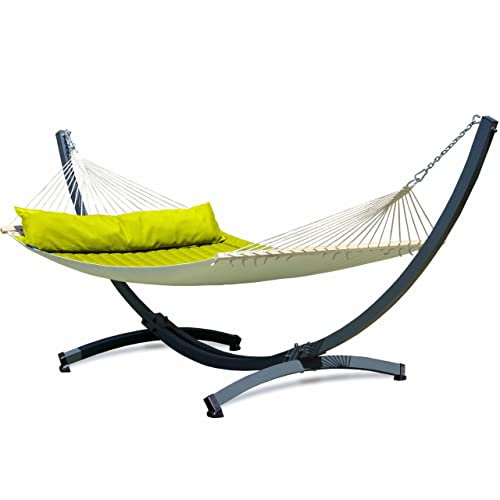 Potenza Outdoor Panama Hängematte mit Aluminium Gestell für 2 Personen I Stabhängematte XXL 210x140, 200kg I Hängemattengestell 200kg Wetterfest (Grün, Basic Gestell Graphit)