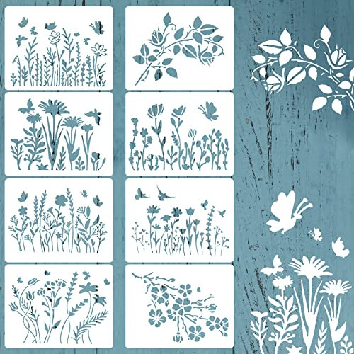 Grevosea Lot de 8 pochoirs réutilisables fleurs de cerisier et de vigne pour peinture sur bois - Petits pochoirs pour meubles, bricolage et décoration d'intérieur