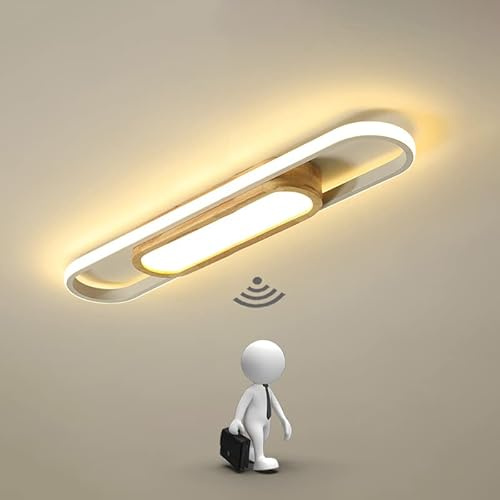 LED Holz Deckenlampe mit Bewegungsmelder Innen Sensorlampe Modern Deckenleuchte mit Sensor Flurlampe mit Tageslichtsensor Deckenbeleuchtung für Flur Schlafzimmer Korridor Balkon Treppe Veranda (60cm)