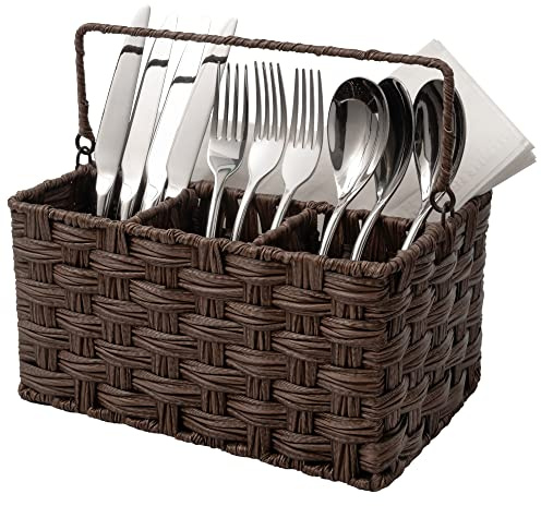 GRANNY SAYS Wicker Utensil Holder Organizer with Handle, Flatware Caddy for Kitchen, Silverware Holder Condiment Organizer, Holds Forks, Knives, Spoons, Napkins and Other Utensils
