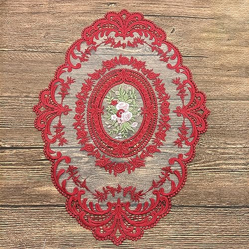 Wambere 2 Stück 31 cm x 42 cm Blumenstickerei Spitze Tischläufer Tischdecke Untersetzer Milch Seide Bestickt Tisch Tischsets Tischdekoration für Hochzeit Geburtstag Abendessen Party Dekoration,Rot