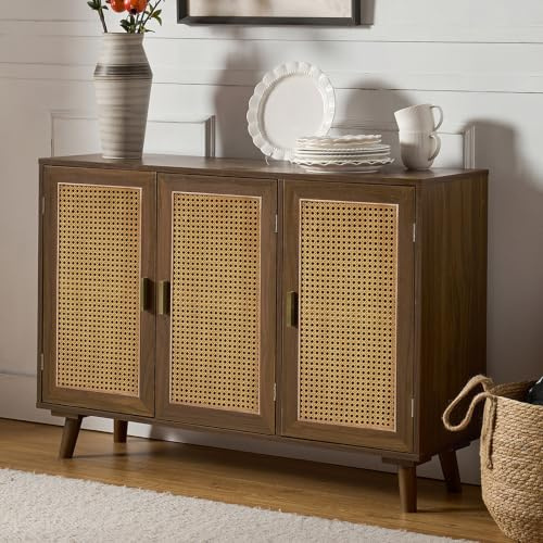 HULALA HOME 109 cm Small Rattan Sideboard with Adjustable Shelves, Espresso | 3-Door Storage Cabinet with Natural Rattan Door Panels, Solid Wood Legs, Easy Assembly for Living Room, Dining Room, Kitchen