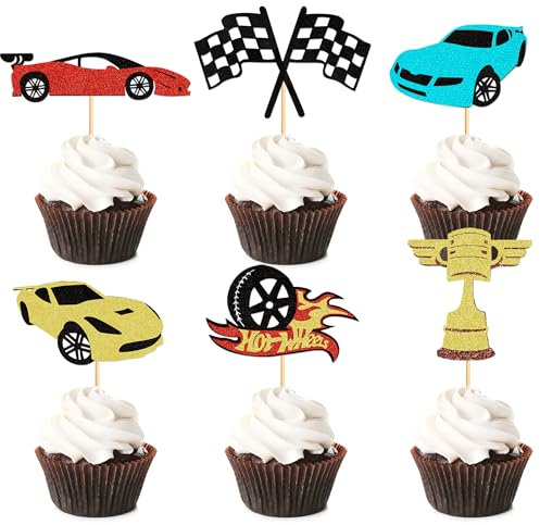 Blumomon 24 Stück Rennauto Cupcake Toppers Glitzer Rad Trophäe Flagge Helm Rennwagen Cupcake Picks für Rennsport Thema Baby Shower Jungen Geburtstag Party Kuchen Supplies