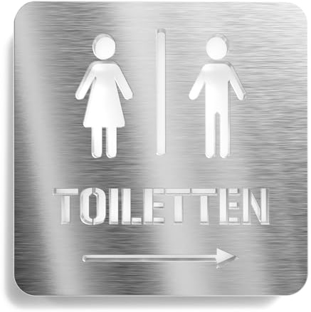 Urhome Toilette Pfeil rechts Hinweisschild aus V2A Edelstahl - Laserschnitt Gravur Türschild - Schild für Wand Tür - Herren Damen Toilette WC Infoschild für Innen Außen