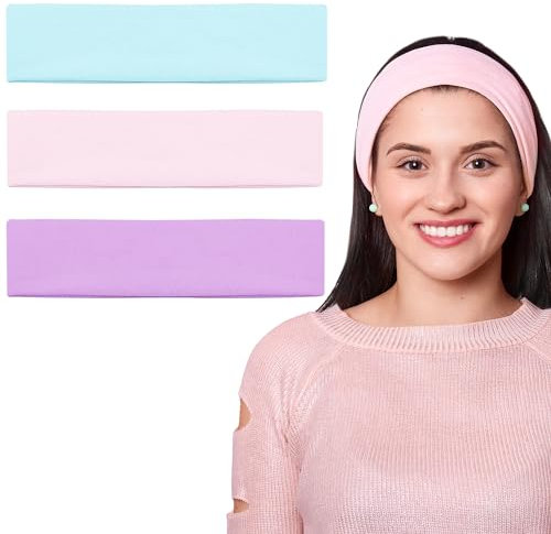 3 Stück Stirnbänder, dehnbares Stirnband aus Baumwolle, Sport-Stirnband für Damen und Mädchen, Stirnbänder für Damenhaare für Yoga, Pilates, Laufen, Radfahren, Fitness, Make-up (blau, rosa und lila)