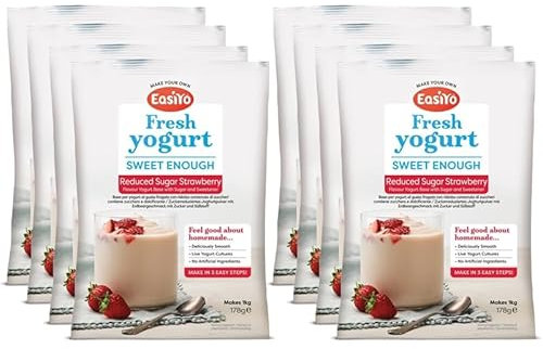 EasiYo Yoghurt Strawberry Reduced Sugar, 8 Bags | Each Bag Makes 1 kg Yoghurt