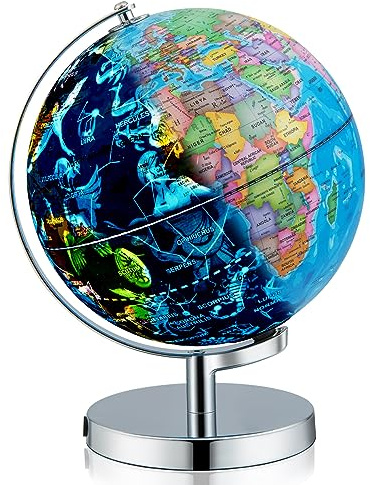 HOMASIS Globus mit LED 23,5 cm, drehbarer Leuchtglobus mit Sternkarte & Englische Geografische Karte, Weltkugel mit Metallsockel, Erdkugel für Kinder in Zuhause, Schulen & Büro