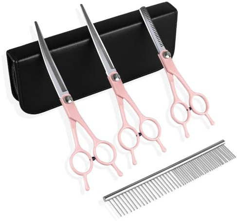 5-in-1 Fellschere für Hunde, Edelstahl Hundeschere Set, gerade und Effilier- und gebogene Schere Pflegeschere mit Fellpflegekamm für Hunde und Katzen