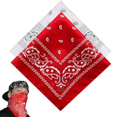 2 Stück, Bandana Damen Herren, Halstuch, Kopftuch, Bandana Rot Baumwolle, Für Unisex Tuch Bindetuch, Headwear, Haar, Schal, Paisley Muster, Nickitücher, Rot Und Weiß(55 X 55 Cm)