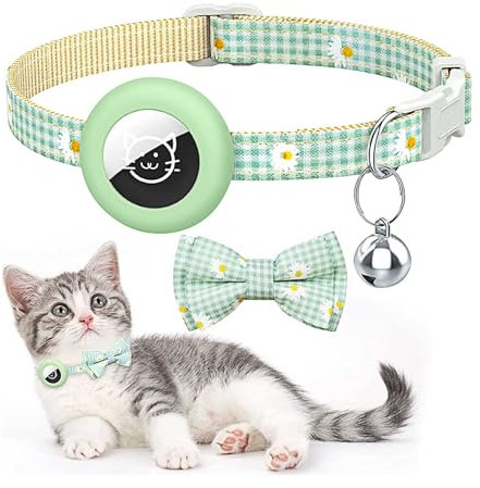 Hacintre Katzenhalsband Airtag Reflektierendes Mit Glocke, Name und Telefonnummer Können Angegeben Werden GPS Tracker Halsband Hülle Katze Verstellbar (Grünes kariert X 1)