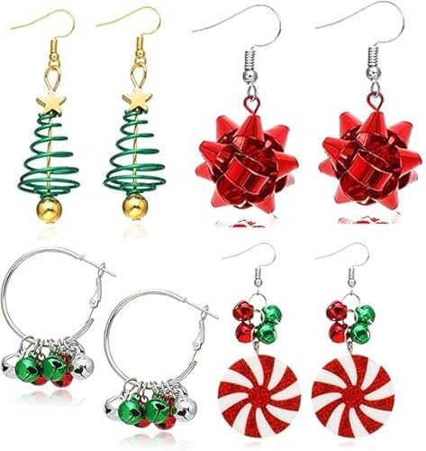 4 Paar Ohrringe Weihnachten, Weihnachtsohrringe Damen, Weihnachts Ohrringe Kinder, Kreativ Weihnachten Ohrringe Weihnachtsbaum, Ohrstecker Weihnachten Baumeln Ohrringe Set für Damen
