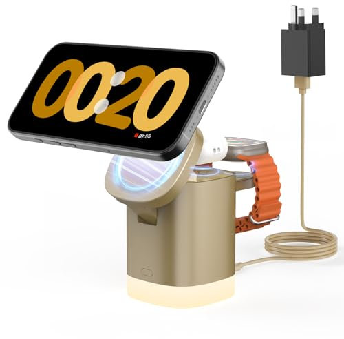 JoyGeek 3-in-1 Charger Stand for Magsafe, Foldable Wireless Charging Station with Night Lights, Magnetic Charger Dock for iPhone 17/16/15/14/13/12 Pro/Max, AirPods 4-2, Apple Watch 2-11/Ultra (Gold)