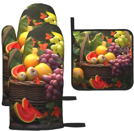 YYHHAOFA Lot de 3 gants de cuisine imperméables et durables pour four et manique pour isolation thermique Motif plantes et fruits