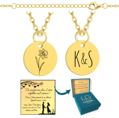 Lumari Halskette mit personalisiertem Medaillon - Rechteck/Kreis/Herz Anhänger aus Edelstahl mit eingravierten Namen/Initialen und Geburtsblume - Geburstag Geschenk für Ehefrau Freundin Frau