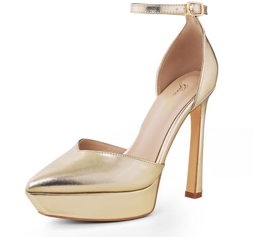 GENSHUO - Zapatos de tacón de plataforma para mujer con tacón de aguja de 13 cm/5,12 pulgadas, con punta sexy y cinturón de tobillo, cerrados, para fiesta y graduación, dorado, 41 EU