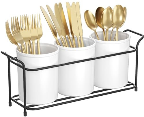 Lifewit Pot Ustensile, Rangement Ustensiles Cuisine avec 3 compartiments, Décoration Cuisine, Porte Ustensiles pour Fourchettes, Cuillères, Couteaux, Comptoir de Cuisine, Blanc&Noir