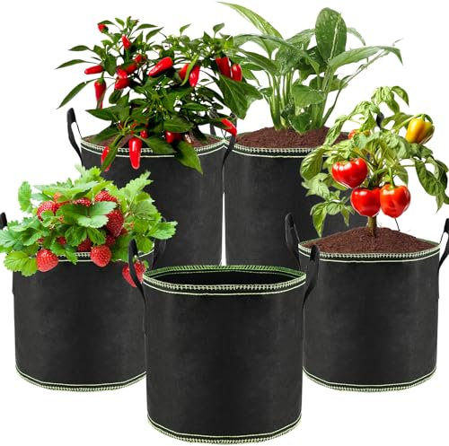 Zikenis 5 Stück 22 L Tomaten kübel,Pflanzsack aus Vliesstoff mit Griffen,Verdickter und Belüfteter Gartentopf,Wiederverwendbare Pflanztasche für Kartoffeln,Tomaten,Gemüse,Blumen und Erdbeeren
