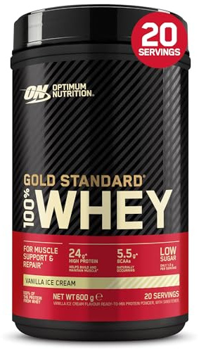 Optimum Nutrition Gold Standard 100% Whey Proteína en Polvo, 600g | Vanilla Ice Cream, 20 Servings,24 g de Proteína,BCAA,Bajo en azúcares,Favorece el Crecimiento y la Recuperación Muscular