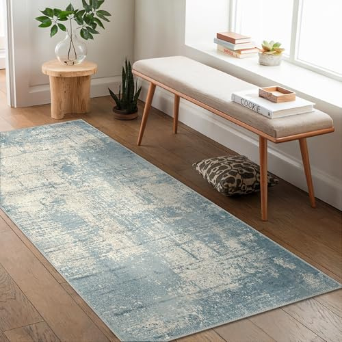 GENIMO Moderner Abstrakter Teppich Hellblau, Waschbar, 80x150 cm | Abstraktes Farb- und Strukturmuster in Hellblau, waschbar, pflegeleicht und rutschhemmend – für Flur und Bettseite.