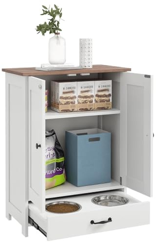 PawHut Pet Feeding Station with Storage, Dog Feeding Station, Hooks, White | Raised Dog Bowls, Adjustable Panel, Pet Food Storage Cabinet