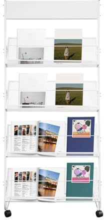 SICHENSH 4 Layer Bodenstehender Prospektständer, Freistehend Zeitschriftenständer, Rollbarer Zeitschriftenhalter mit Plakatwand, Katalog Literaturständer für Büros und Messen (Weiß)