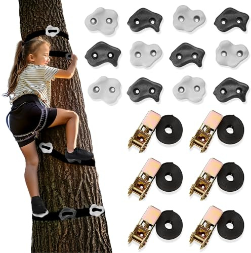 HyperMotion HYP23 - Klettergriff-Set für Kinder mit 12 Steckern und 6 Gurten - Komplettset für Bäume mit Ratschen - Sensorische Aktivität im Freien - Belastbar bis 91 kg