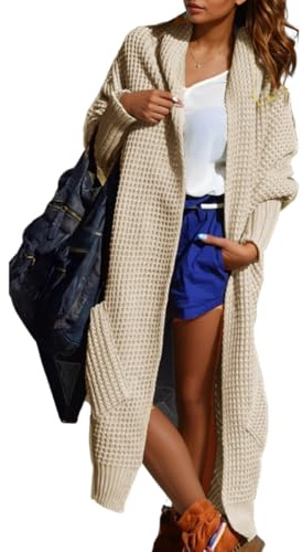 Solvera_Ltd Damen Strickjacke Cardigan Lang Pullover Grobstrick, Lange Weste Herbst Winter Strickmantel Damen Herbstjacke - Lässiger Cardigan Strickmantel Strickcardigan Warm (Beige)