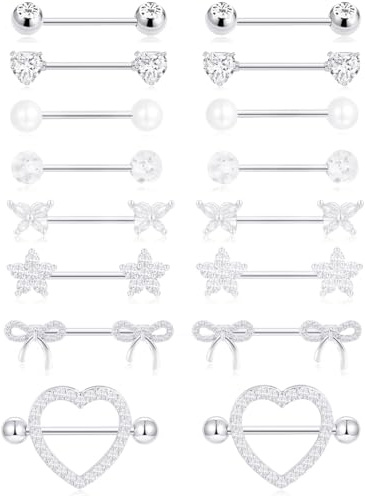 Tornito 8 Pairs Nipple Rings for Women 14G Stainless Steel CZ Heart Butterfly Bow Star Pearl Barbell Nipple Bars Set Pink Nipple Body Piercing Jewelry Silver Tone