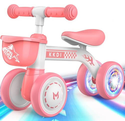 Kkdi Baby Balance Bike Ride on Toys for 1 2 Year Old, Pink Toddler Bike, First Birthday Gifts for 1 2 Year Old Girls, Baby Indoor Outdoor Toy, Colorful Lighting Silent Wheels, No Pedal/Basket