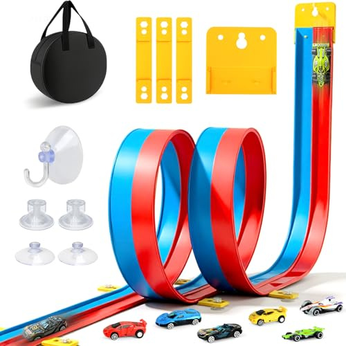 KISPATTI Car Track 5M, Double Lane Flexible Toy Car Speed Race Track Includes 6 Cars & Storage Bag, Rolls Up Portable Dual Racetrack, Xmas Gifts for Kids Toddlers Ages 3+