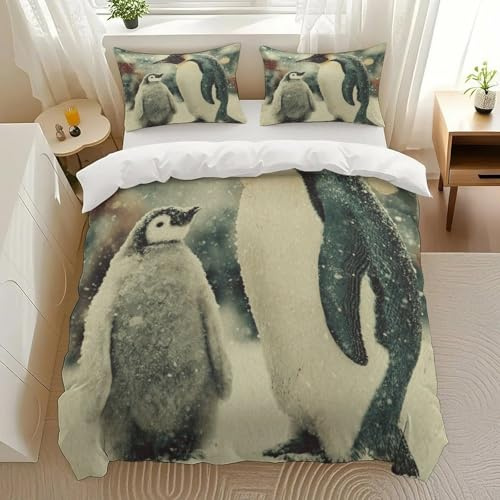SANTOZORY Penguin Snow Duo Bedding Comforter Sets Bedding Set 3 Pieces (1 Duvet Cover 2 Pillowcases) with Zipper Closure Lightweight