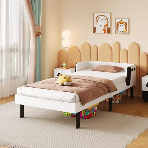 Kinderbett, 90 x 200 cm, Bettgestell für Kinder in niedlicher Welpenform, mit Lattenrost, Einzelbett mit Fallschutz, Stauraum unter dem Bett, Holzlatten (weiß)