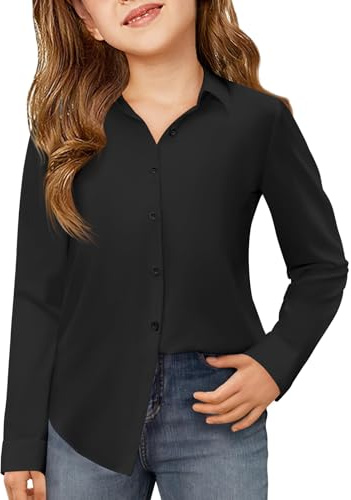 Haloumoning - Camiseta para niñas de manga larga, con botones, de color liso, ajuste regular, uniforme escolar, 5-14 años, Negro , 5-6 Years